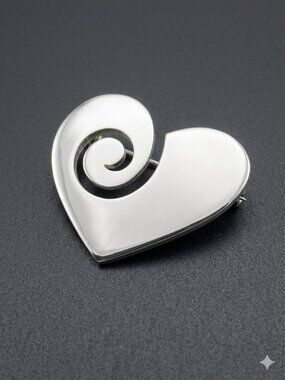 Vintage Sterling Silver Curly Heart Brooch – 925 Sweetheart Pin 21g